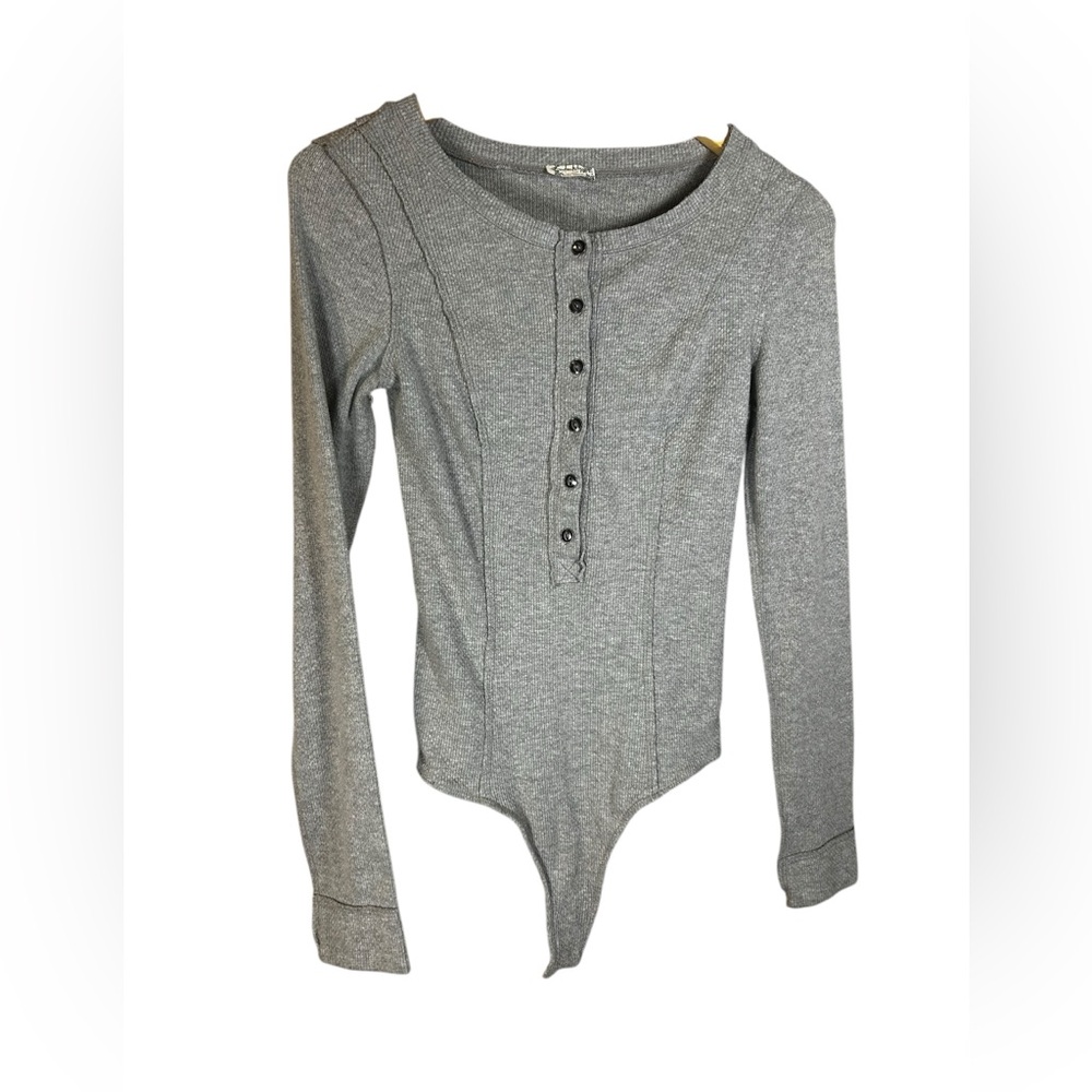 Free People Heather Gray Long Sleeve Henley Bodysuit